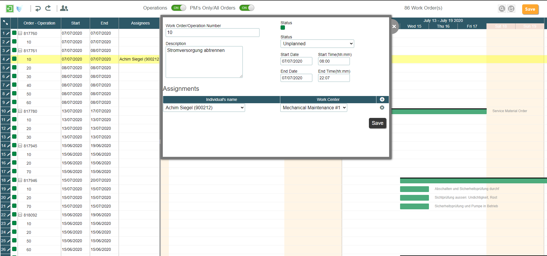 Planning and Scheduling app Screen 1