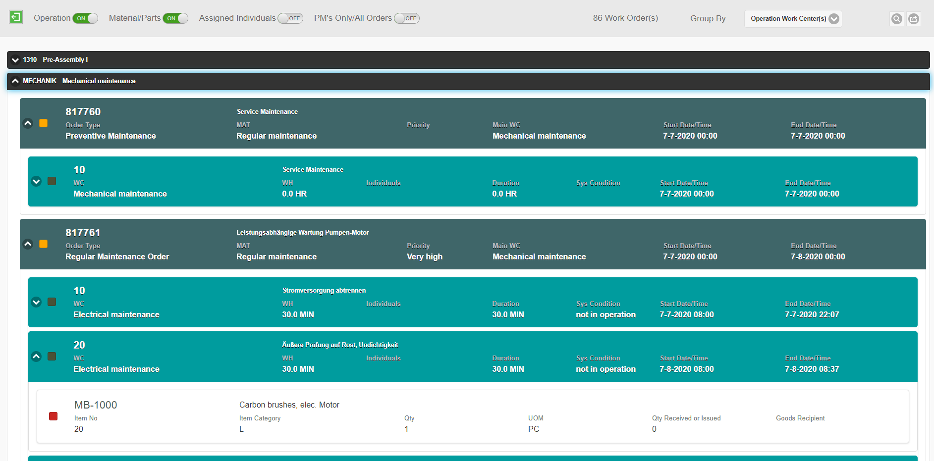 Planning and Scheduling app Screen 1