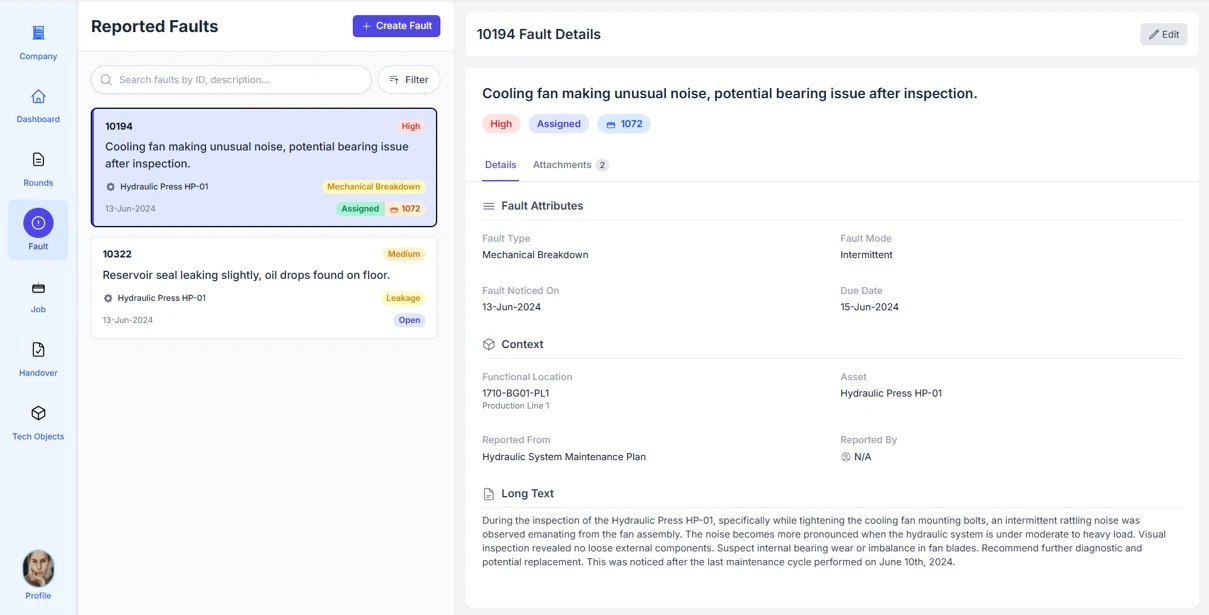 Fault management dashboard showing active issues