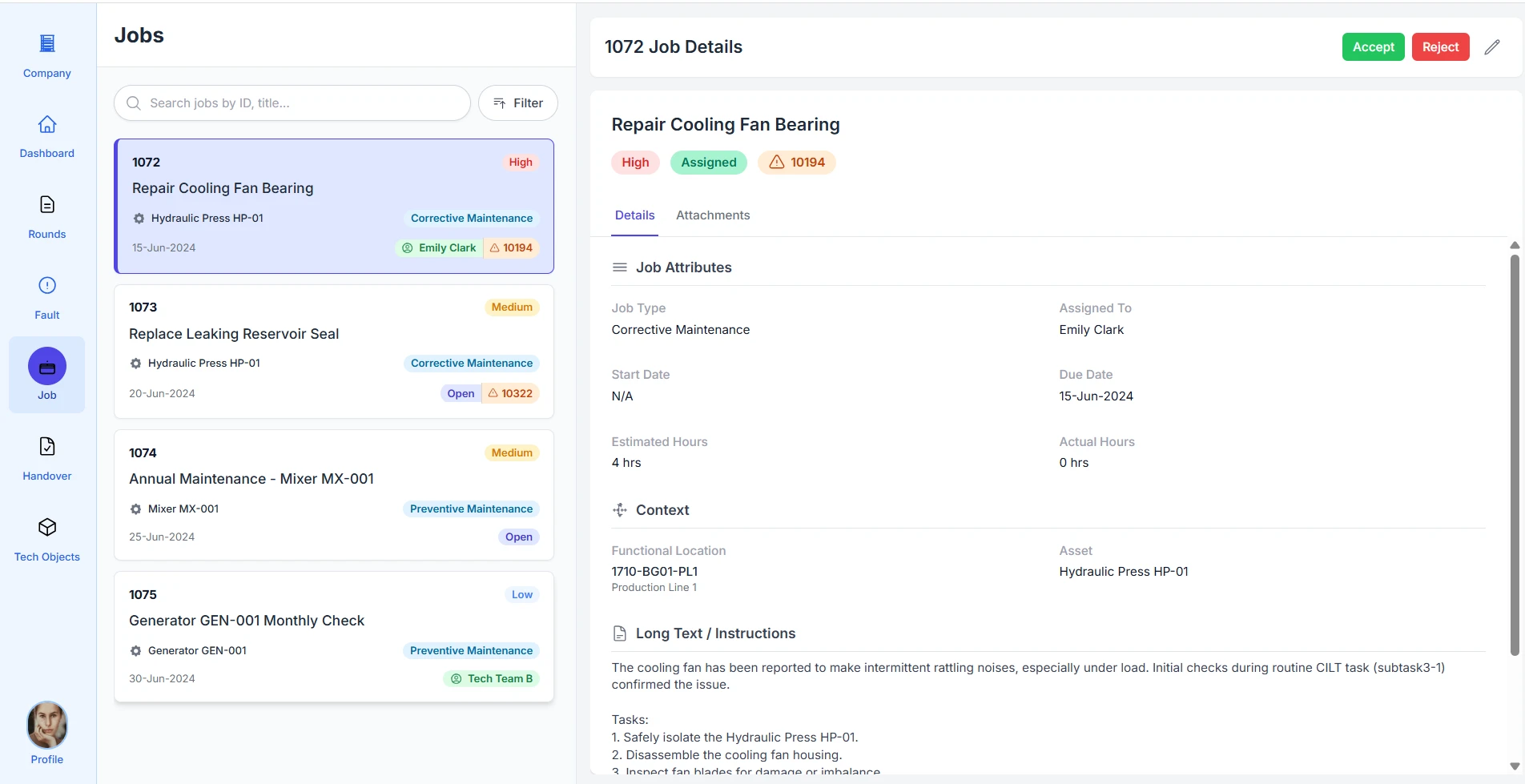 Work orders management interface